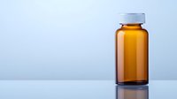 Empty amber glass medicine bottle on reflective surface against light blue background, minimalist pharmaceutical container for medical and healthcare concepts.