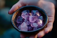 Hands holding wooden bowl filled with purple amethyst crystals and gemstones for healing meditation spiritual wellness practices.