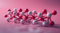 Molecular structure model with red and white spheres connected by rods on pink background, scientific chemistry concept for education and research.