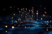 Glowing golden light points rise from shimmering blue particles against dark background, creating futuristic network visualization for technology concepts.