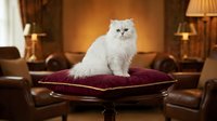 Fluffy white Persian cat sitting on burgundy velvet cushion in elegant living room with warm lighting and luxury furniture for home decor concepts.