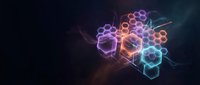 Glowing hexagonal molecular structures with electric energy effects on dark background for science and technology presentations.
