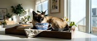 Tabby cat eating from decorative bowl on wooden tray with money and plants in bright modern apartment interior, lifestyle pet photography.