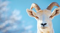 White ram with curved horns against blurred blue sky background, close-up portrait showing detailed facial features and distinctive expression.