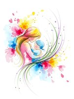 Watercolor mother holding baby with colorful floral splashes and flowing lines on white background for motherhood designs.