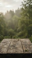 Wooden table surface with weathered planks in sharp focus overlooking misty coniferous forest landscape, suitable for product placement and nature-themed designs.