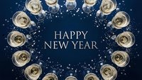 Champagne glasses arranged in a circle on dark blue background with Happy New Year text, sparkling celebration concept.
