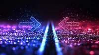Glowing neon arrows with blue and pink particles pointing in opposite directions on dark background with bokeh light effect and sparkles.