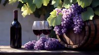 Red wine bottle and glasses with fresh purple grapes and wooden barrel under grapevine leaves, rustic composition on wooden table in natural light.