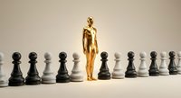 Golden human figure standing among black and white chess pawns representing leadership, strategy, and standing out from the crowd in business concepts.