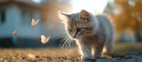 Fluffy gray kitten walking outdoors in autumn sunlight with glowing butterflies flying around, magical golden hour atmosphere creates dreamy pet photography scene.