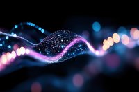 Glowing digital wave with particles flowing through dark space creating abstract technology background with bokeh lights and neon colors for modern designs.