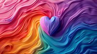 Vibrant rainbow waves of folded paper create fluid motion with heart shape centerpiece in multicolored gradient flowing from pink through purple, orange and turquoise tones.
