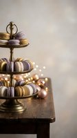 Elegant tiered stand displaying colorful macarons on rustic wooden table with warm bokeh lights creating luxurious dessert presentation for celebrations.