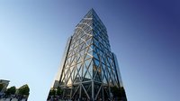 Modern glass office tower with geometric diamond pattern facade against clear blue sky for corporate architecture and urban development projects.