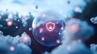 Glowing shield icon inside transparent bubble against blurred dark background with floating particles, representing digital security and data protection.