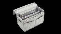 Gray fabric handbag organizer insert with multiple pockets and zipper compartments, isolated on transparent background. For clipart, stickers, print on demand, sublimation, t-shirt design.