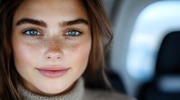 Young woman with freckles and striking blue eyes smiling warmly at camera, natural beauty portrait with soft lighting and blurred background in car interior.