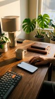 Modern home office workspace with wooden desk, smartphone, coffee mug, and monstera plants by sunny window for remote work productivity and business lifestyle.