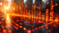 Digital financial data visualization with glowing orange bar charts and upward trending graphs representing stock market growth, investment returns, and business analytics for financial reports and trading platforms.