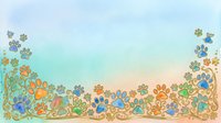 Watercolor paw prints in vibrant colors border a soft gradient sky background, transitioning from blue to peachy tones. Isolated design element suitable for pet-related projects, greeting cards, and animal-themed merchandise.