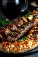Grilled sausages and bratwurst on dark plate garnished with fresh herbs, close-up shot with selective focus and red wine glass in background.