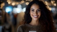 Young Latin American woman with curly dark hair and bright smile wearing brown sweater against blurred bokeh lights background, expressing joy and confidence.