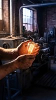 Male hands holding glowing vintage light bulb in industrial workshop setting with warm atmospheric lighting and brick walls.
