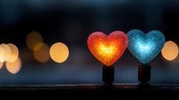 Glowing heart-shaped night lights in red and blue colors against dark background with soft golden bokeh lights creating romantic atmosphere.
