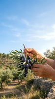 Farmer holding freshly harvested olives with green leaves in hand at sunny orchard, ready for oil production and culinary use.