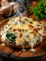 Large portobello mushroom cap stuffed with melted cheese, spinach and herbs on wooden board with rising steam, close up view of hot appetizer garnished with parsley.