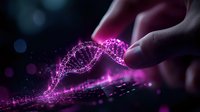 Glowing pink DNA helix structure with human finger touching genetic code strand on dark background with particles and bokeh light effects.