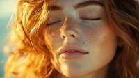 Young woman with freckles and ginger hair in warm sunset light, eyes closed with serene expression, natural beauty portrait showcasing glowing skin and peaceful mood.