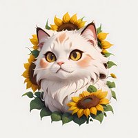 Adorable white Persian cat with amber eyes surrounded by bright yellow sunflowers and green leaves on light background, artistic style for decorative use.
