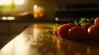 Fresh ripe cherry tomatoes on wooden cutting board with scattered herbs and spices in warm sunlight, creating moody atmospheric kitchen scene.
