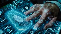 Hand touching holographic fingerprint scanner on futuristic digital interface with cybersecurity authentication technology for secure access control systems.