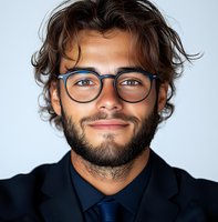 Young Hispanic businessman with glasses, beard and curly hair smiling confidently against light background. Professional corporate headshot style portrait.