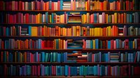 Colorful books arranged on wooden library shelves creating rainbow gradient effect from red to blue. Dark atmospheric lighting highlights book spines in organized rows.