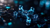 Molecular structure of hydrogen H2 with glowing blue bokeh effect on dark background, scientific visualization for chemistry and alternative energy research.