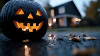 Glowing carved black pumpkin with classic jack o'lantern face illuminated from within on dark autumn evening with house and bokeh lights in background.