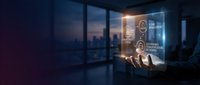 Businessman in suit analyzing digital holographic interface with glowing icons in modern office at dusk, city skyline visible through windows, representing technology and data analysis.