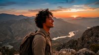 Young Hispanic male hiker with curly hair and backpack enjoying mountain sunset view. Adventure travel and outdoor exploration lifestyle concept.