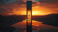 Silhouette of person standing in mysterious doorway portal at sunset with dramatic orange sky and water reflection creating symmetrical surreal landscape.