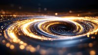 Abstract spiral of glowing golden and blue light trails with bokeh effects against dark background, creating dynamic circular motion and energy flow pattern.