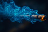 Glowing cigar with blue smoke swirls against dark background, dramatic lighting creates mysterious atmosphere, artistic macro photography for luxury lifestyle content.