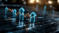 Glowing blue holographic arrows and house shapes rising on dark financial chart surface, representing real estate market growth and investment trends.