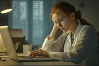 Exhausted female doctor working late at computer, wearing white coat and stethoscope, showing signs of burnout and stress in dimly lit hospital office.