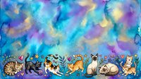 Colorful cats sitting in a row against vibrant watercolor background with blue, purple, yellow and turquoise swirls. Perfect for children's designs and pet-themed projects.