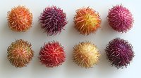 Fresh rambutan fruits in various colors from orange to deep purple arranged in two rows on light background, showing exotic tropical produce.