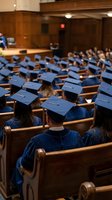 Graduates in blue caps and gowns seated in wooden auditorium during university commencement ceremony academic achievement celebration.